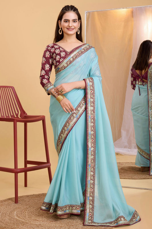 Sky Blue Colour Organza Saree