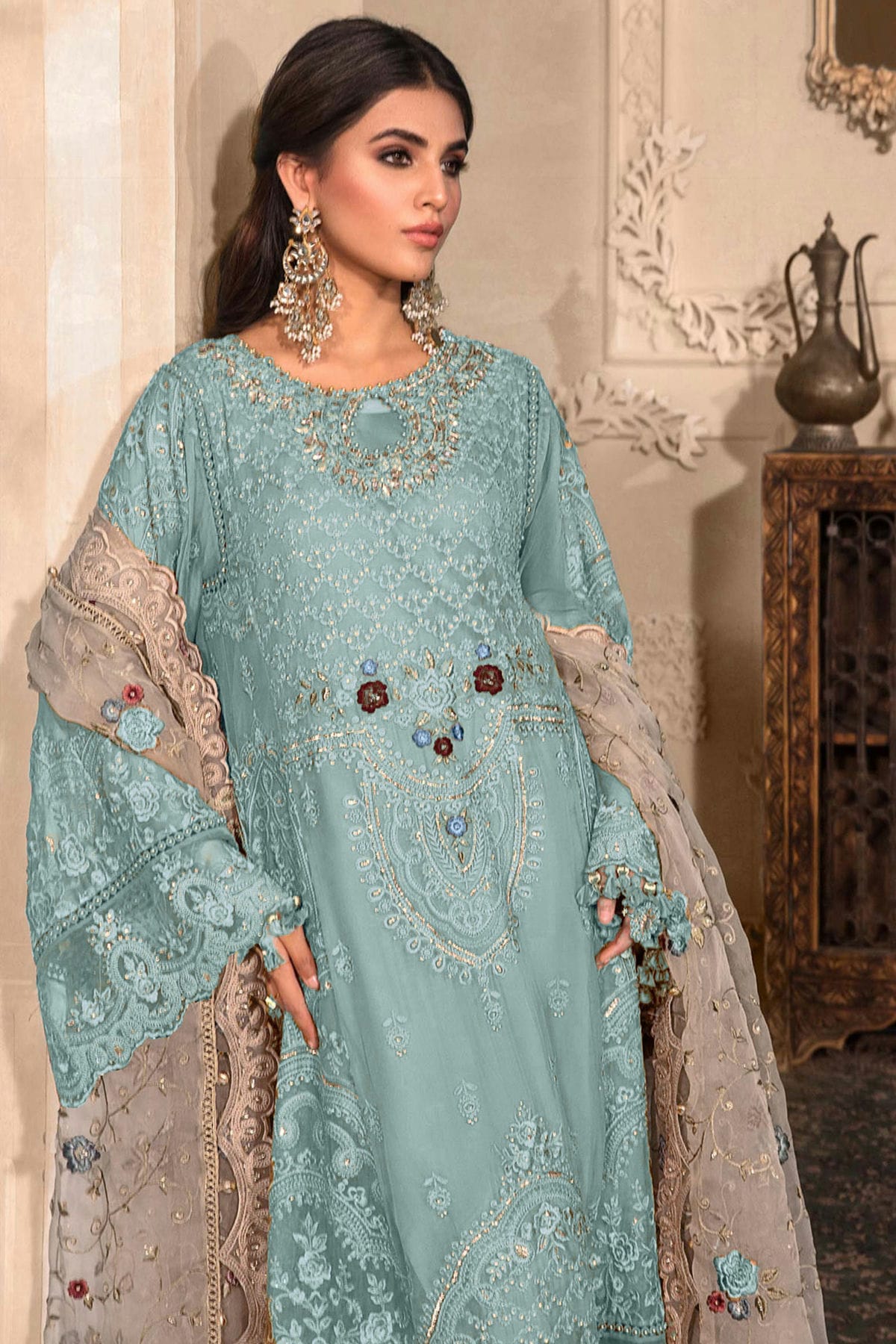 Sky Blue Colour Organza Semi Stitched Pakistani Suit