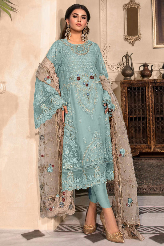 Sky Blue Colour Organza Semi Stitched Pakistani Suit