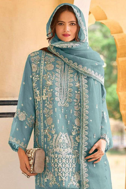 Sky Blue Colour Organza Semi Stitched Pakistani Suit