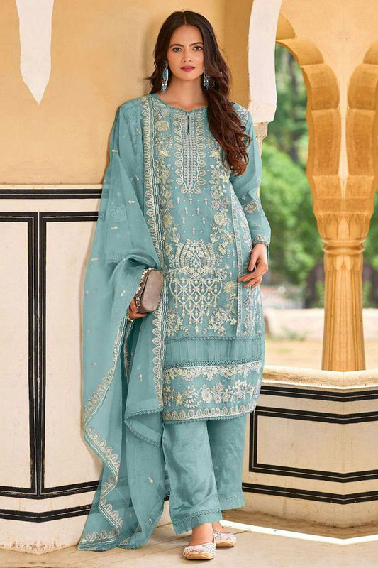 Sky Blue Colour Organza Semi Stitched Pakistani Suit