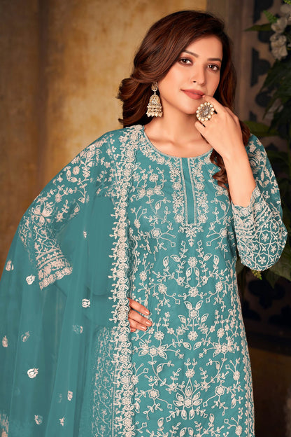 Sky Blue Colour Plazoo Pant Suit Net Semi Stitched