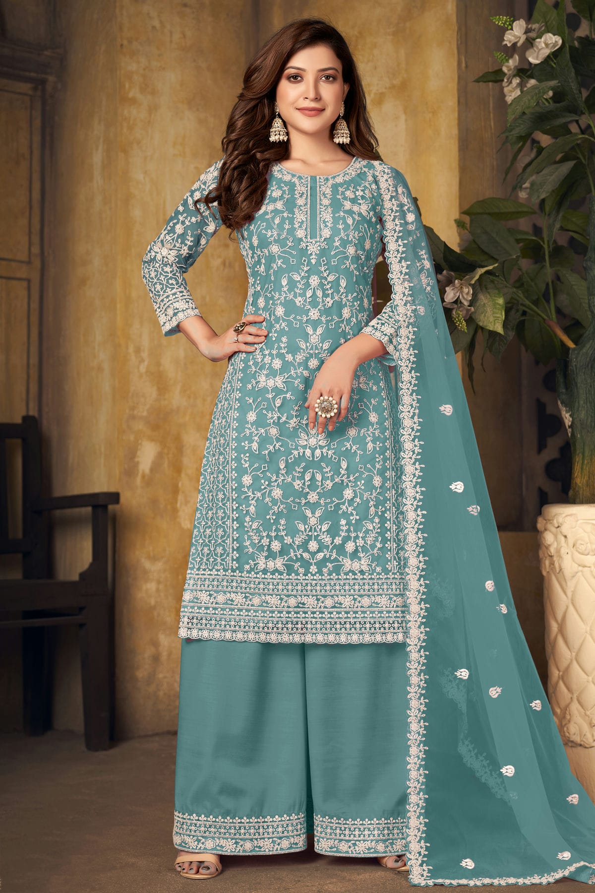 Sky Blue Colour Plazoo Pant Suit Net Semi Stitched