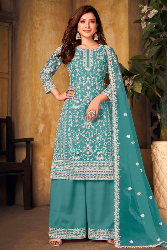 Sky Blue Colour Plazoo Pant Suit Net Semi Stitched