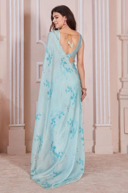 Sky Blue Colour Pure Satin Designer Saree