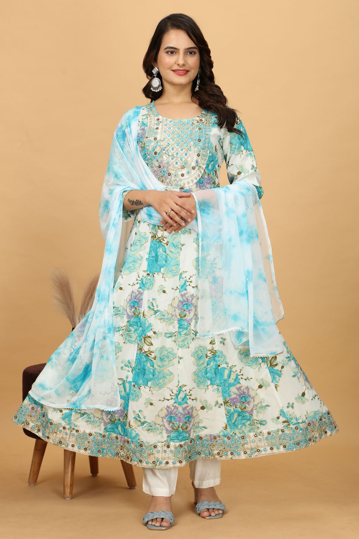 Sky Blue Colour Rayon Cotton Readymade Anarkali Suit