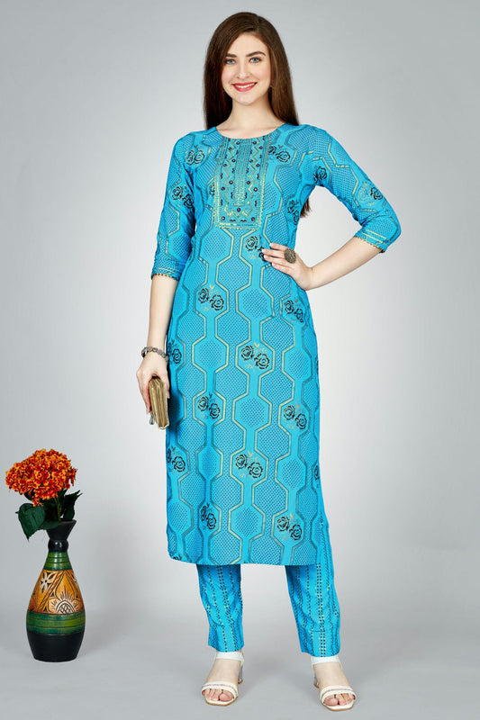 Sky Blue Colour Rayon Kurta And Pant Set