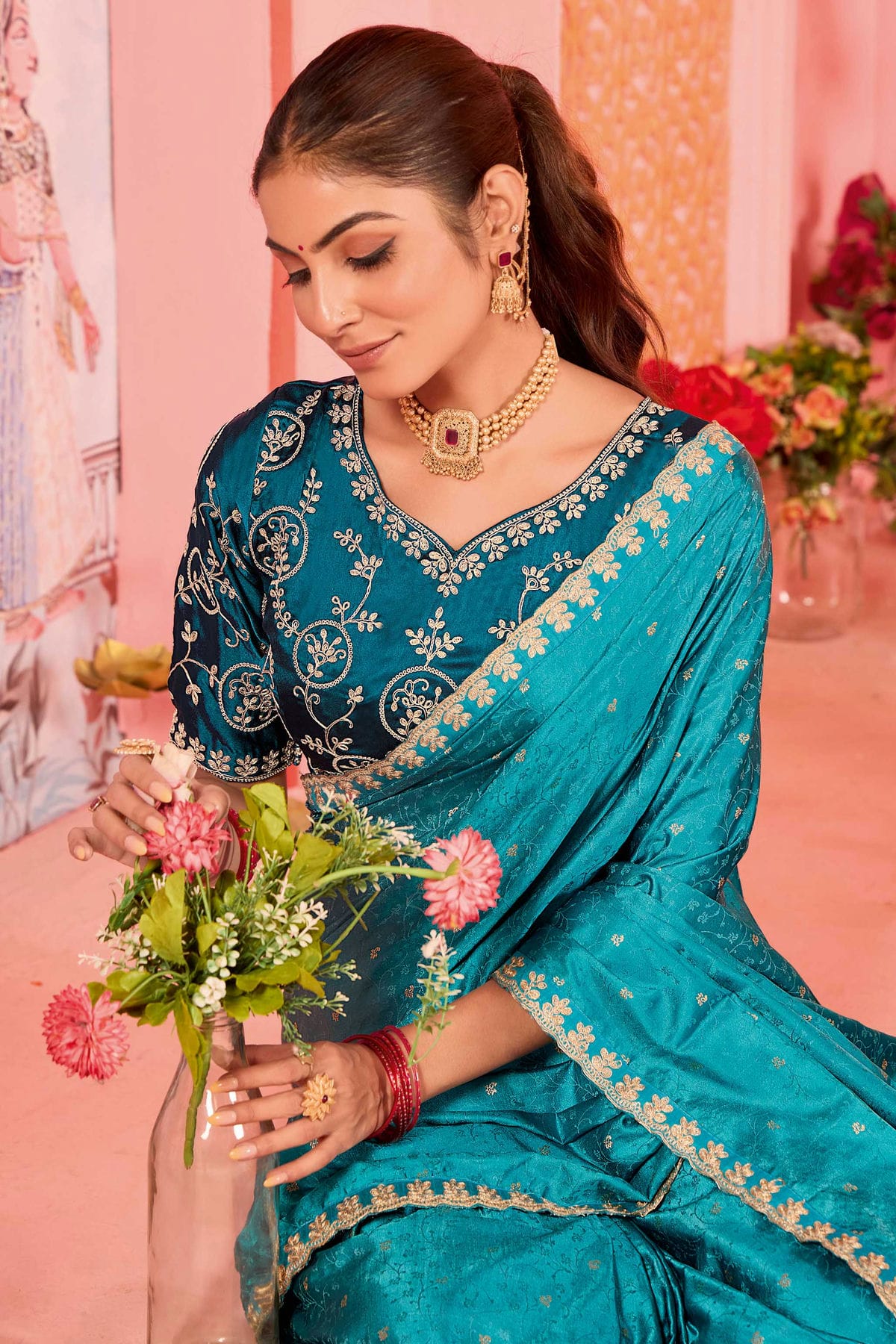 Sky Blue Colour Satin Jacquard Designer Saree