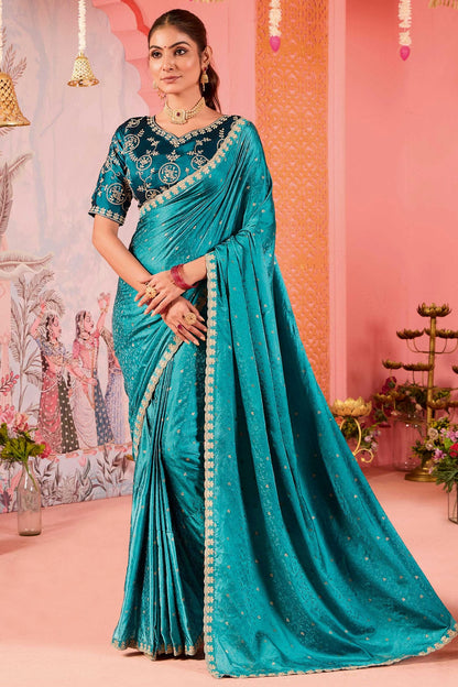 Sky Blue Colour Satin Jacquard Designer Saree