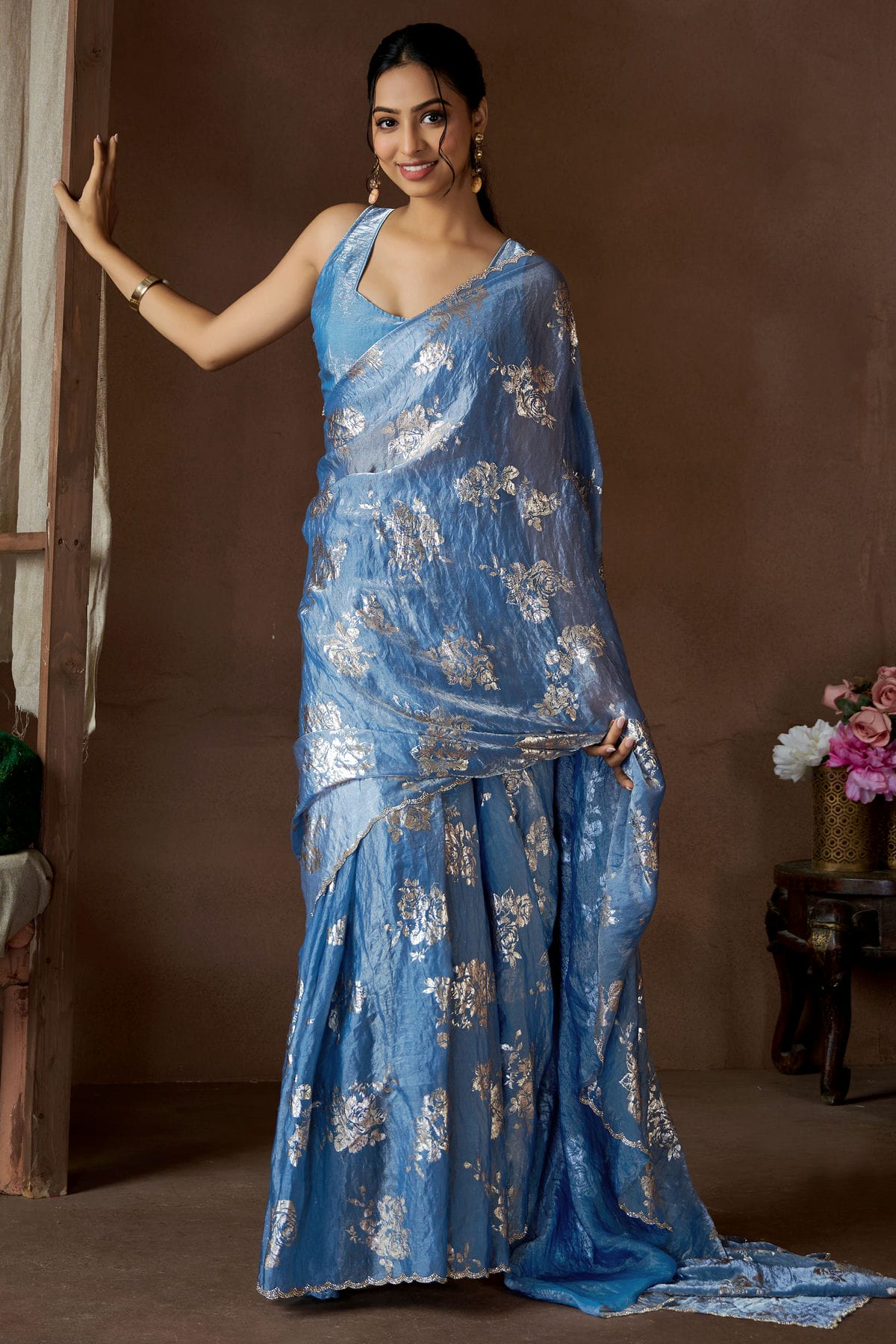 Sky Blue Colour Satin Silk Designer Saree