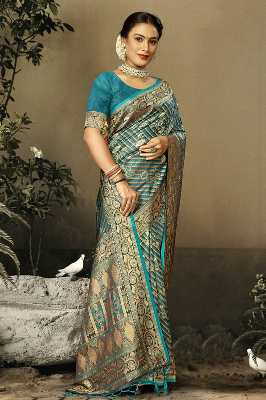 Sky Blue Colour Satin Silk Traditional Saree