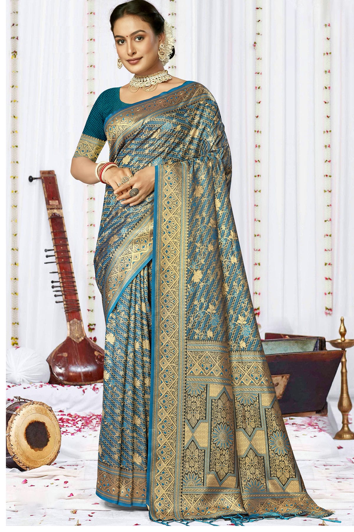 Sky Blue Colour Satin Silk Traditional Saree