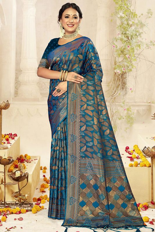 Sky Blue Colour Satin Silk Traditional Saree