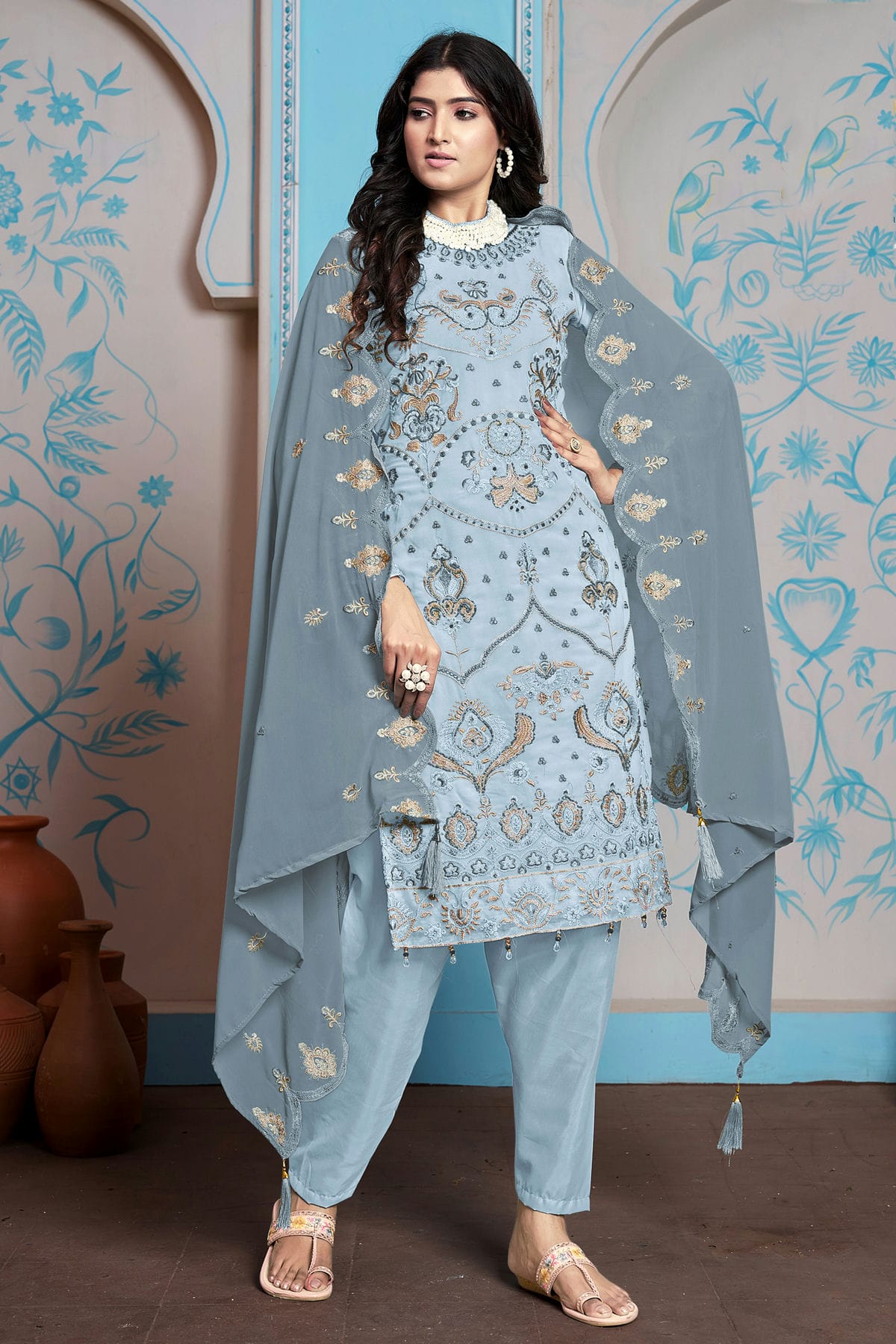 Sky Blue Colour Semi Stitched Faux Georgette Pakistani Suit