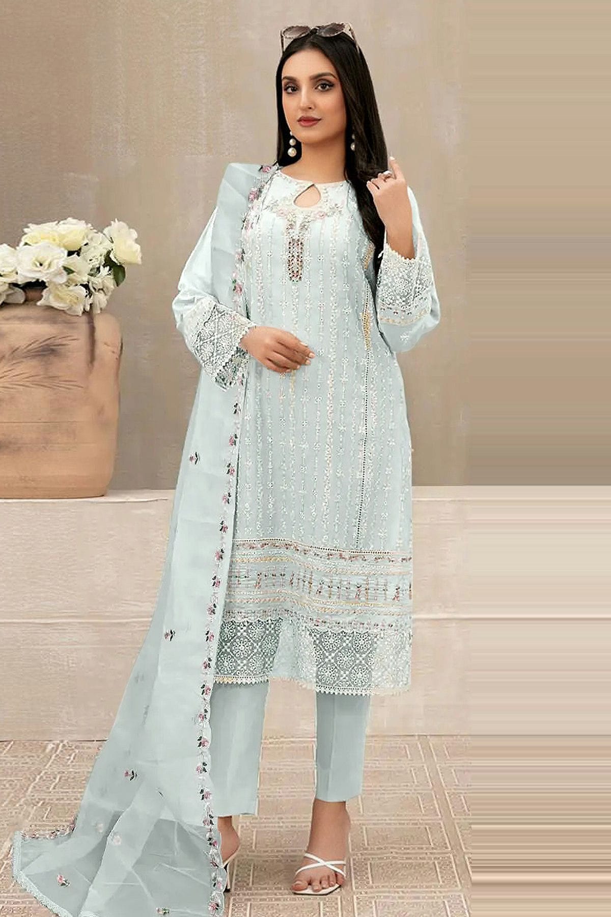 Sky Blue Colour Semi Stitched Faux Georgette Pakistani Suit