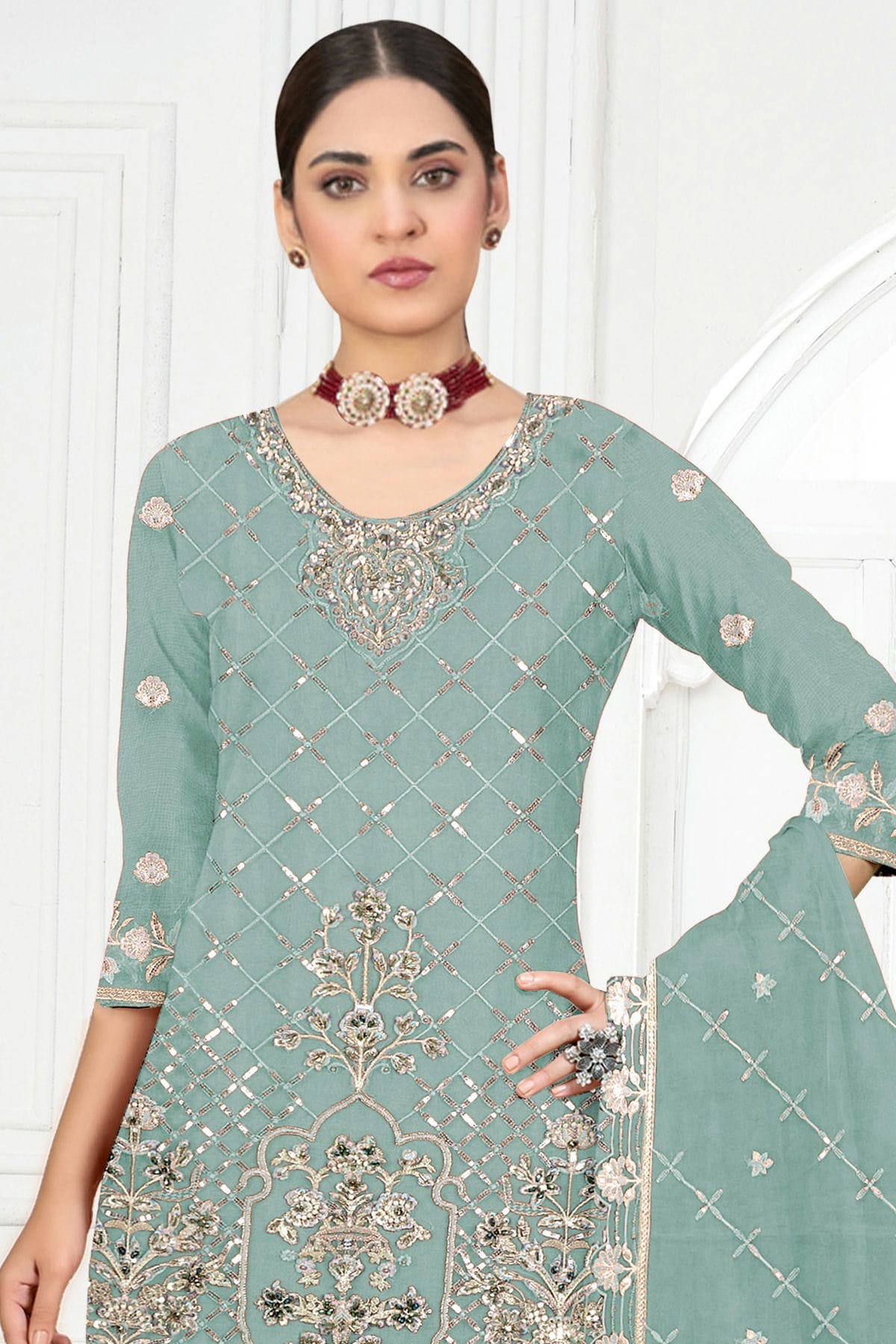 Sky Blue Colour Semi Stitched Faux Georgette Pakistani Suit