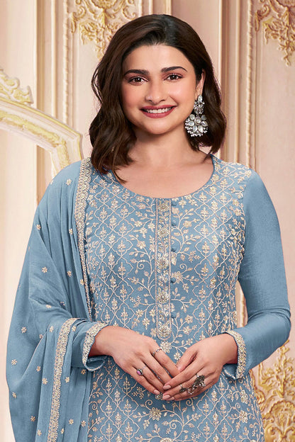 Sky Blue Colour Semi Stitched Faux Georgette Pant Style Suit