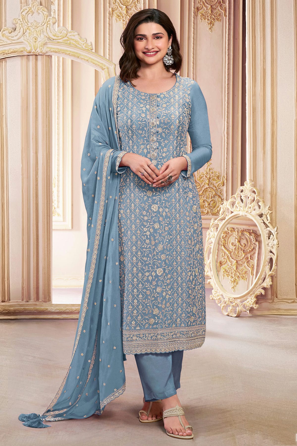 Sky Blue Colour Semi Stitched Faux Georgette Pant Style Suit