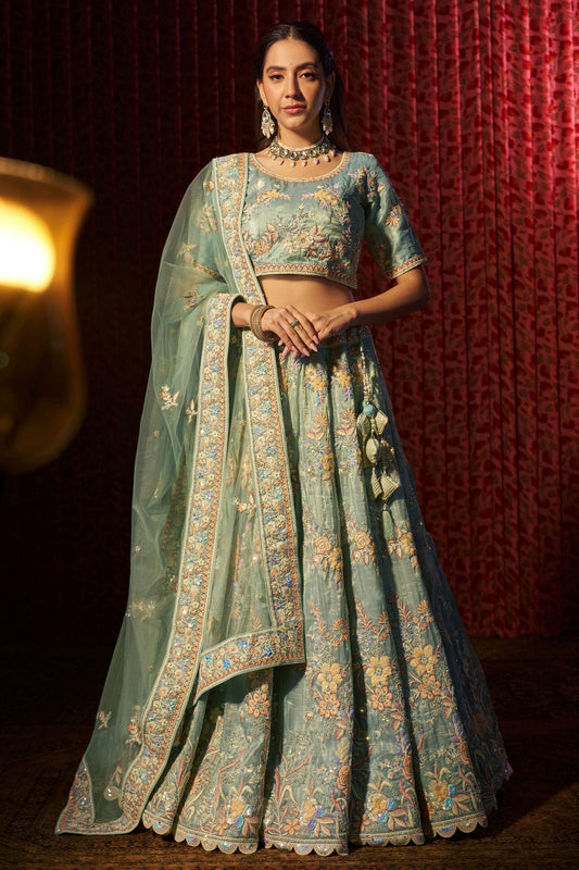 Sky Blue Colour Semi Stitched Organza Lehenga Choli