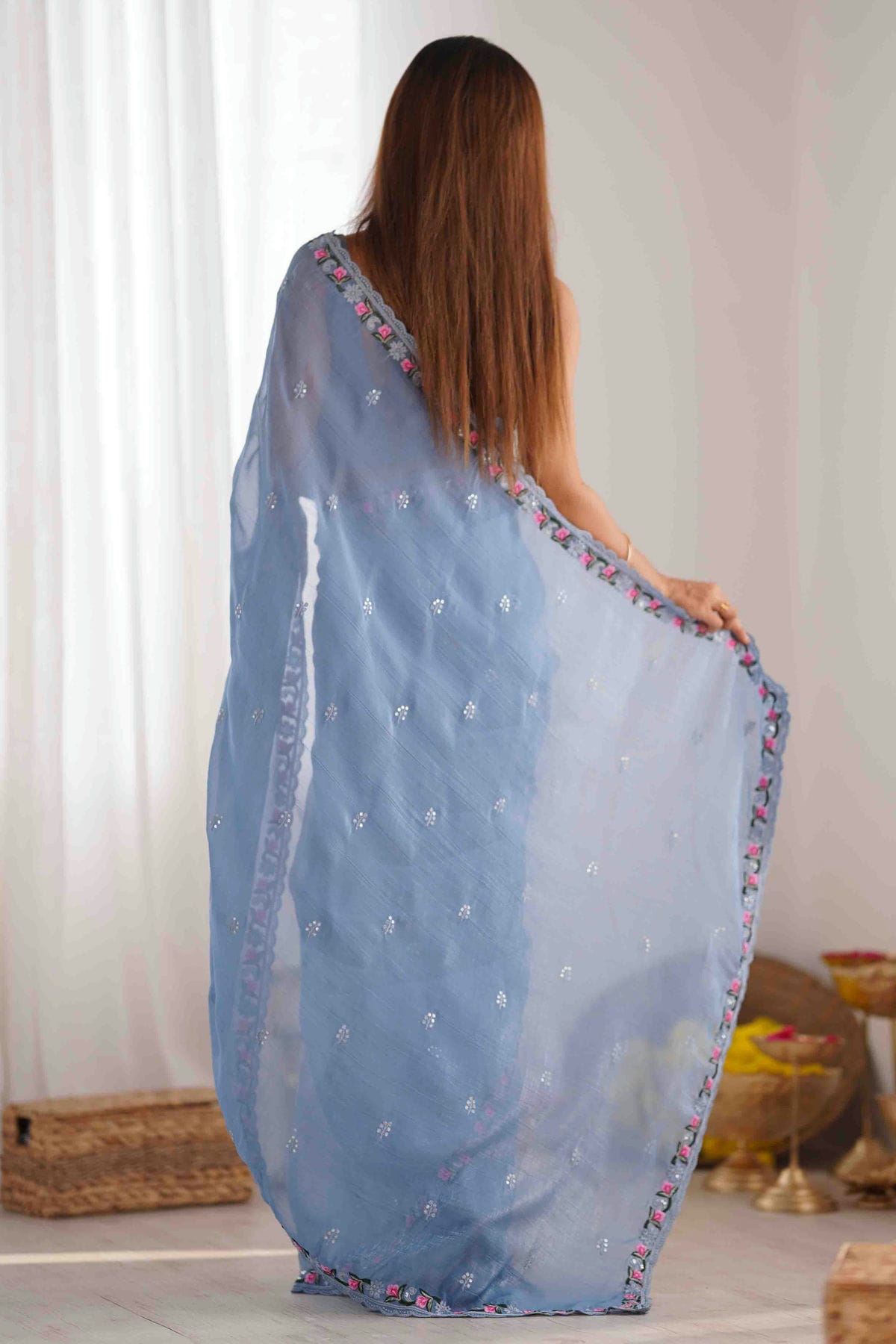 Sky Blue Colour Silk Designer Saree