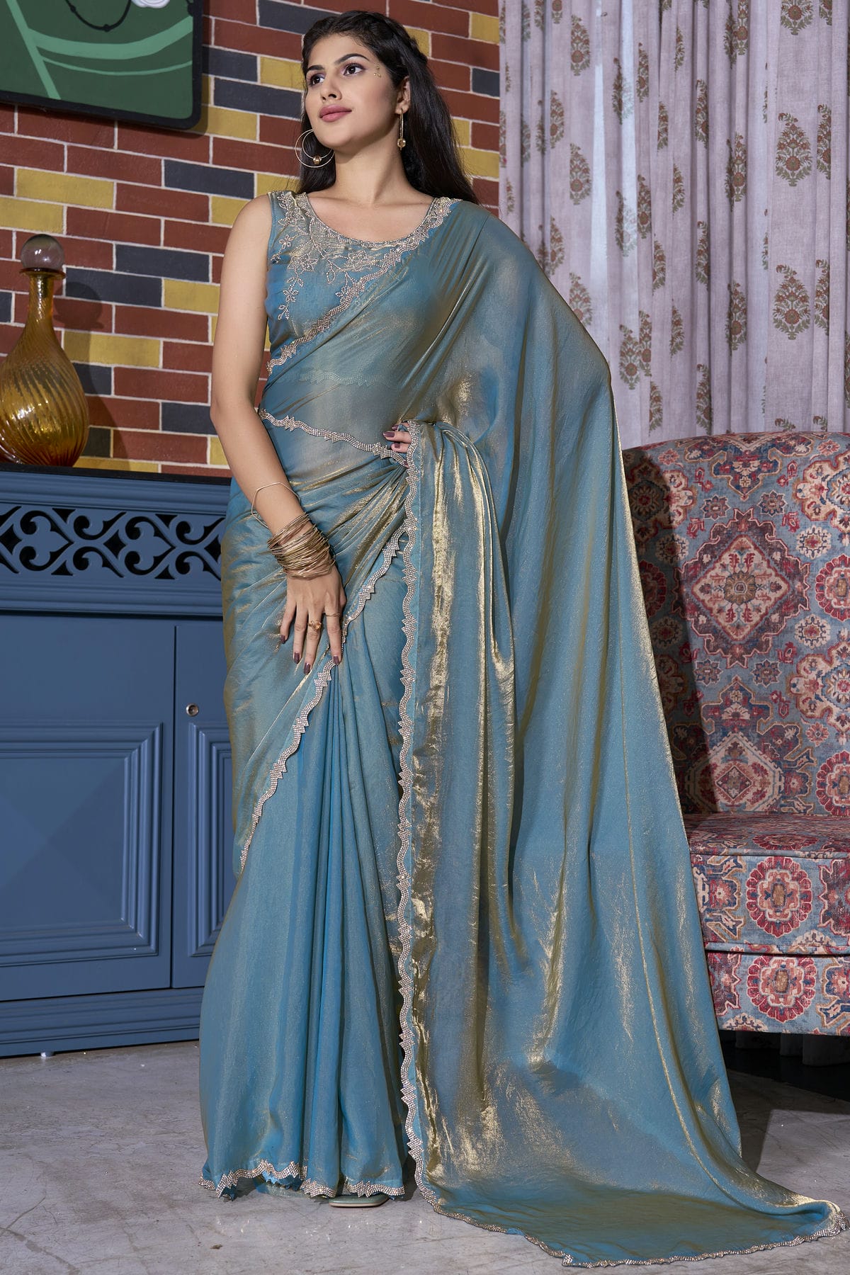 Sky Blue Colour Silk Designer Saree