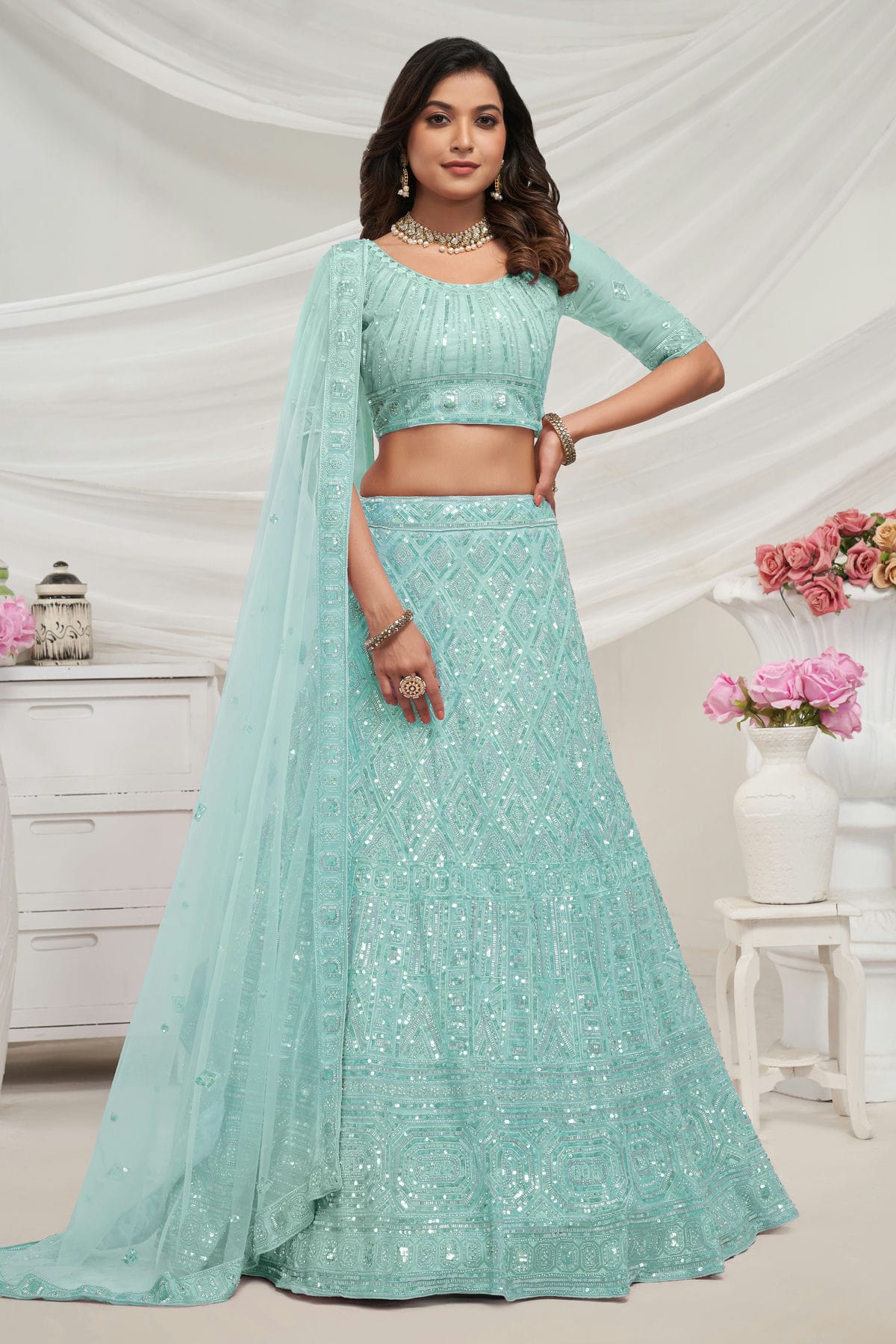 Sky Blue Colour Soft Net Lehenga Choli