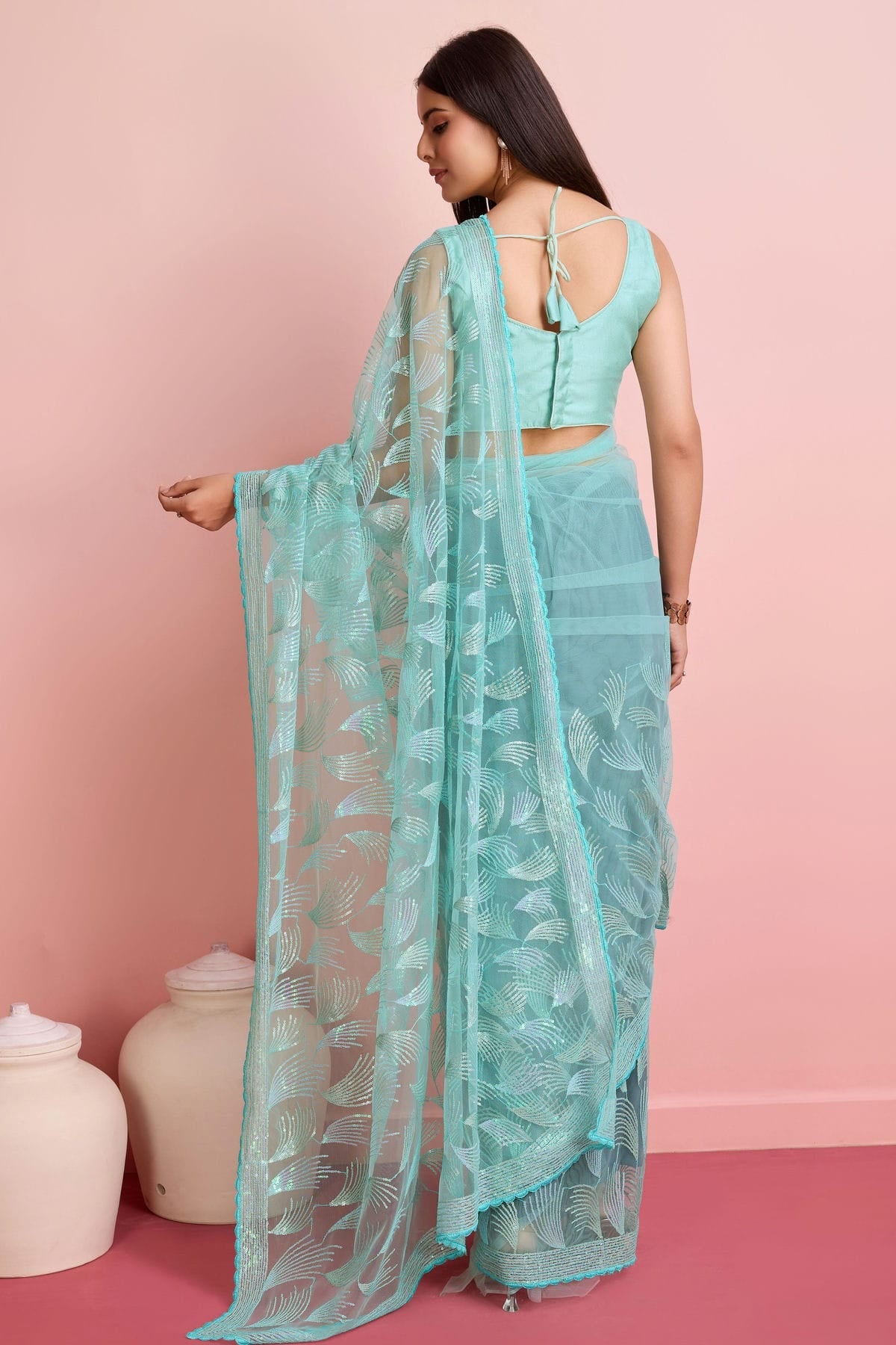 Sky Blue Colour Soft Net Saree