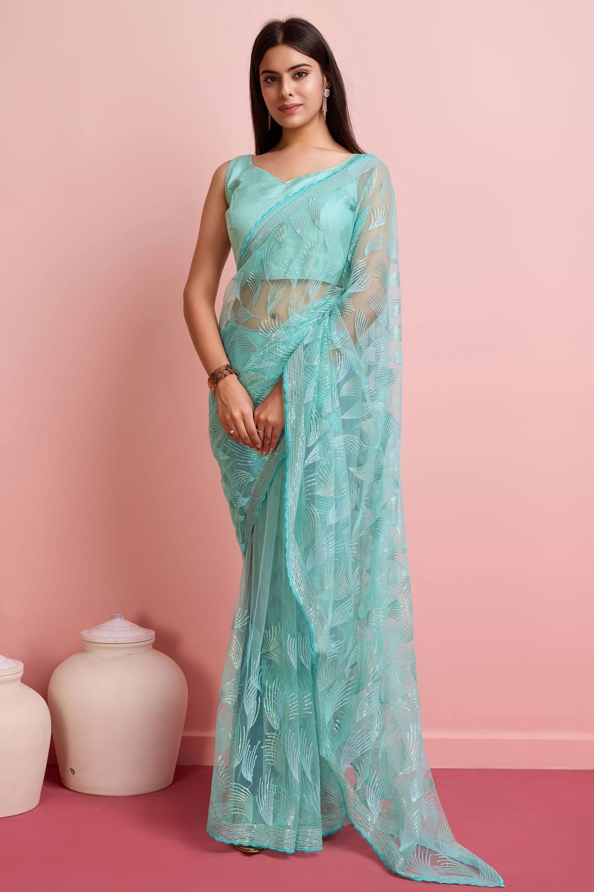 Sky Blue Colour Soft Net Saree