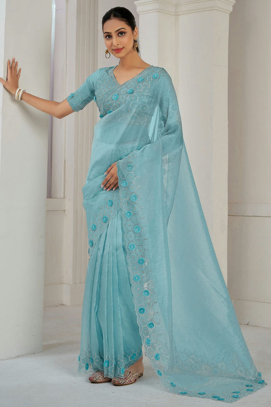 Sky Blue Colour Soft Organza Designer Saree