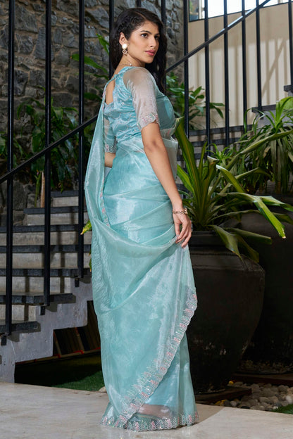 Sky Blue Colour Soft Organza Designer Saree