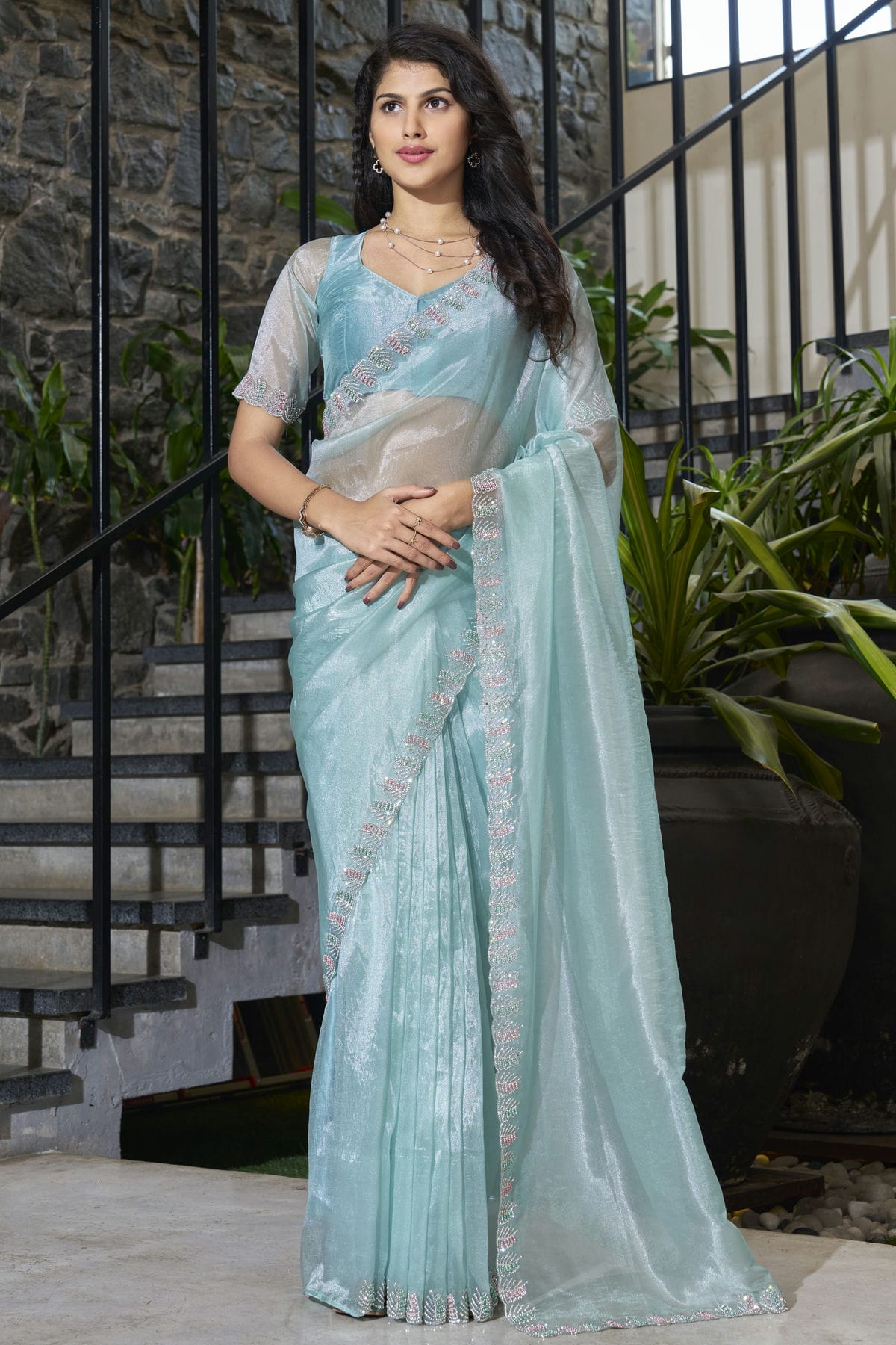 Sky Blue Colour Soft Organza Designer Saree