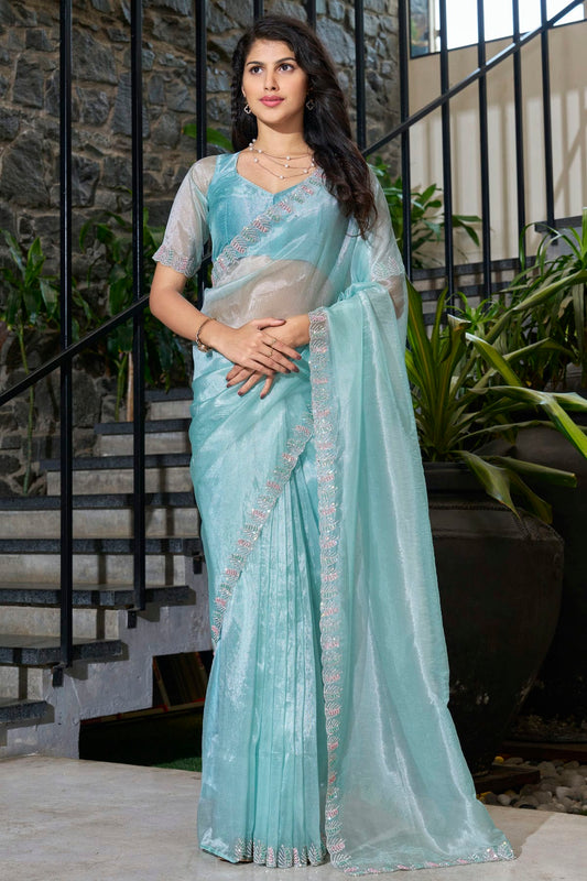 Sky Blue Colour Soft Organza Designer Saree