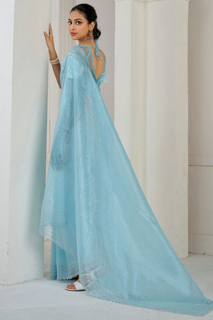 Sky Blue Colour Soft Organza Designer Saree