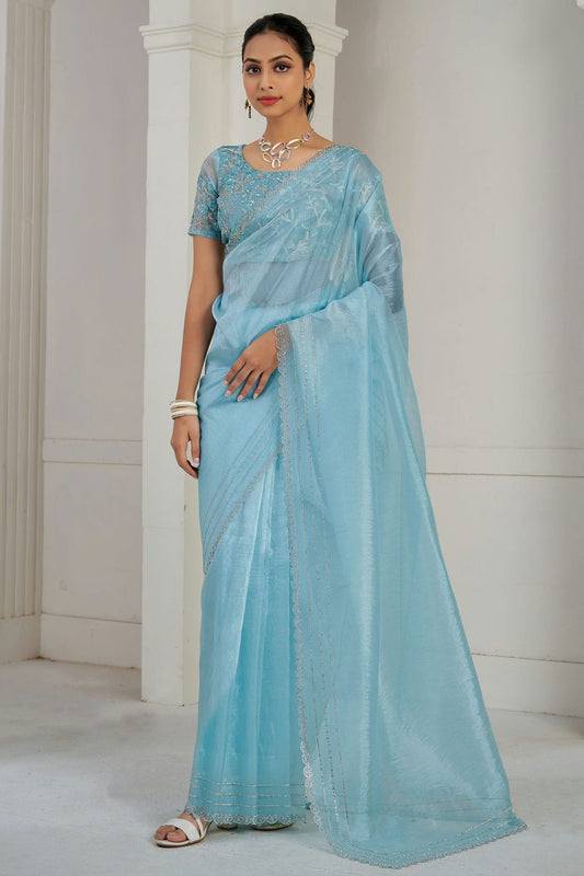 Sky Blue Colour Soft Organza Designer Saree