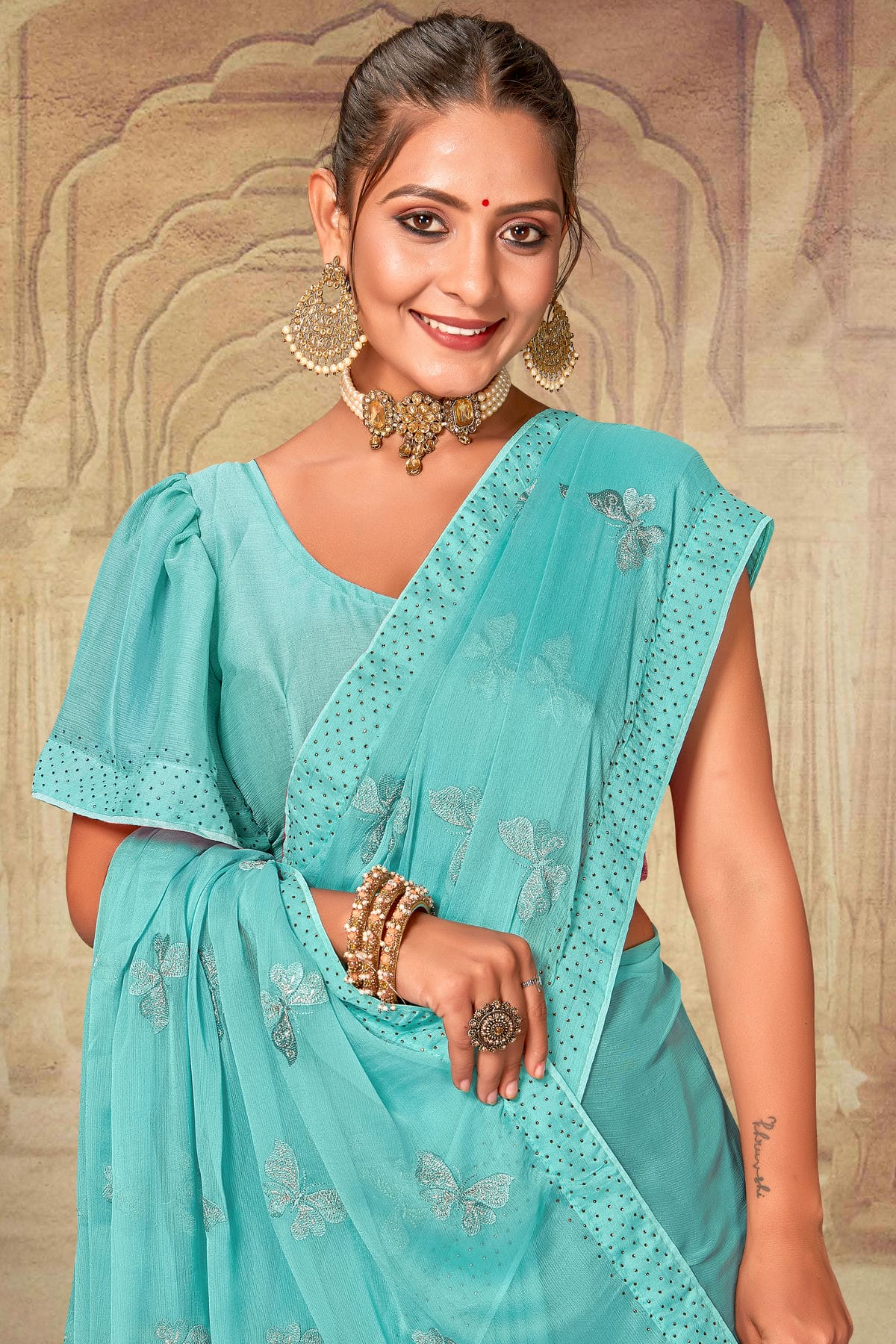 Sky Blue Colour Soft Silk Chiffon Designer Saree