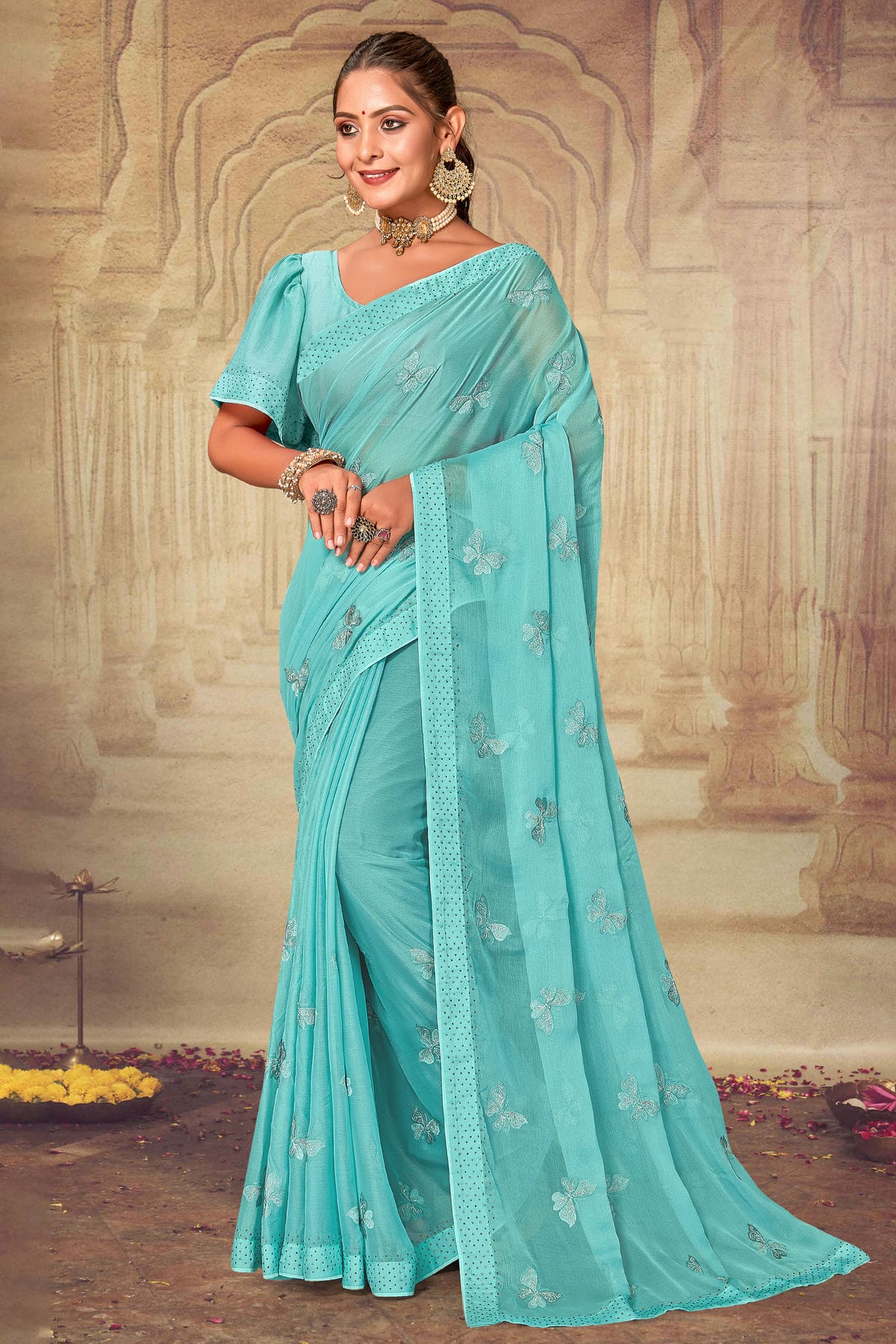 Sky Blue Colour Soft Silk Chiffon Designer Saree