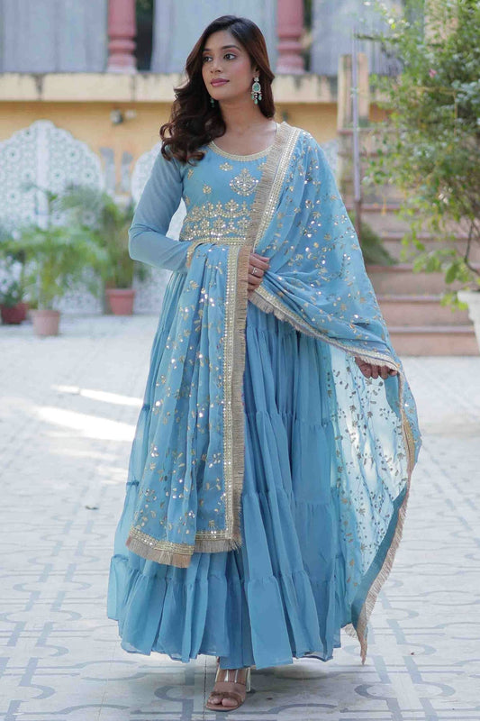 Sky Blue Colour Stitched Georgette Gown VSGW1112807