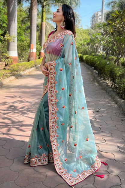 Sky Blue Colour Tissue Silk Designer Saree