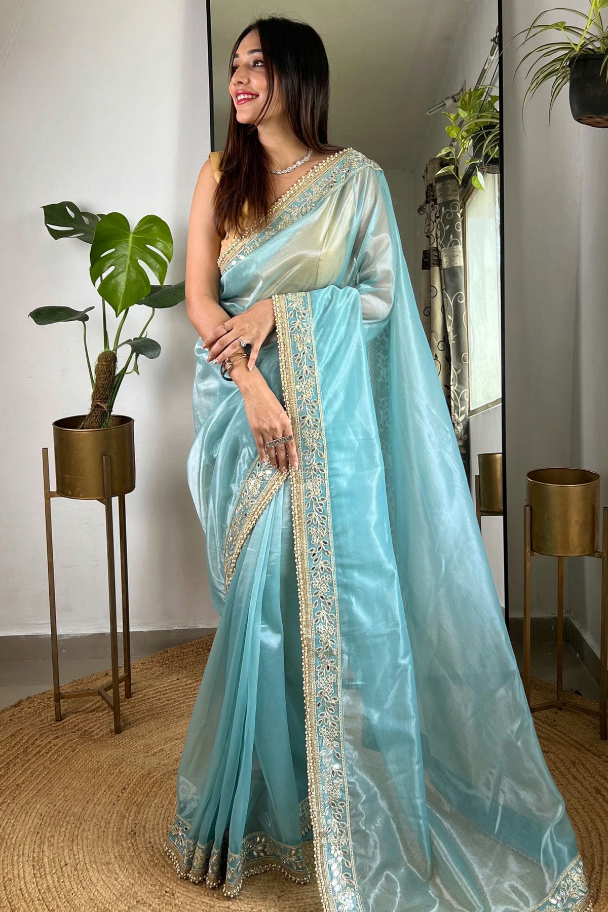 Sky Blue Colour Tissue Silk Designer Saree