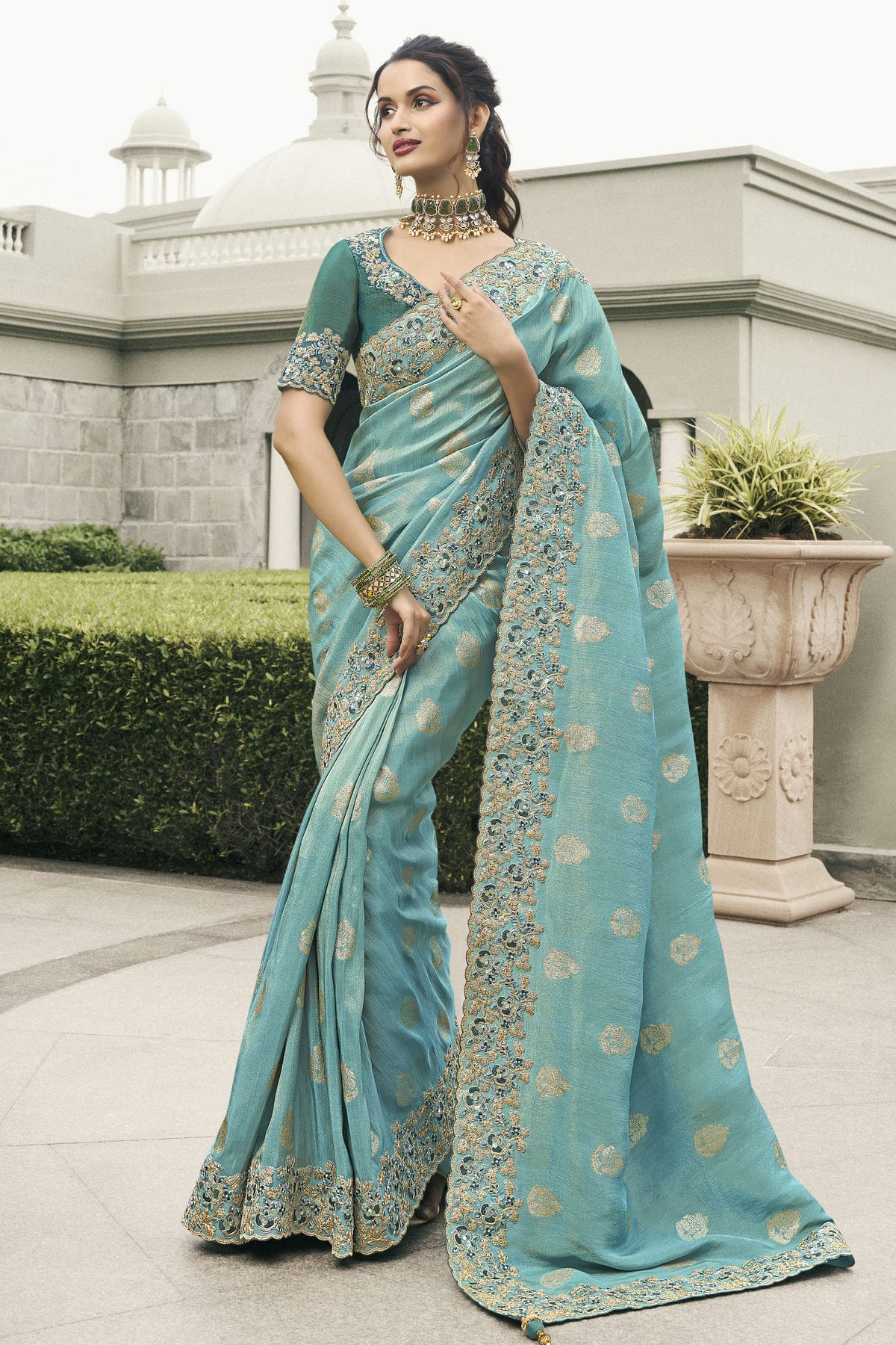 Sky Blue Colour Tissue Silk Designer Saree