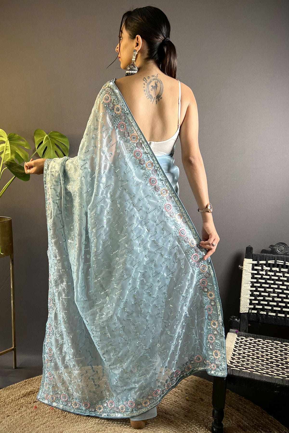 Sky Blue Colour Twill Net Designer Saree