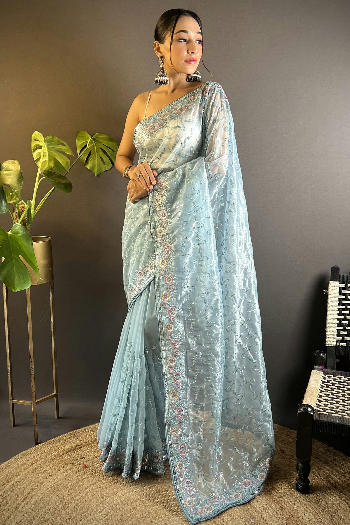 Sky Blue Colour Twill Net Designer Saree