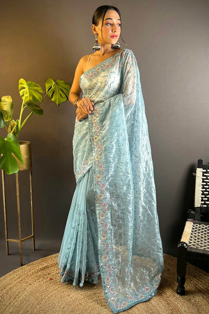 Sky Blue Colour Twill Net Designer Saree