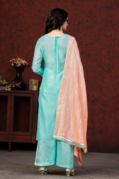 Sky Blue Colour Unstitched Banarasi Jacquard Fabric Straight Suit