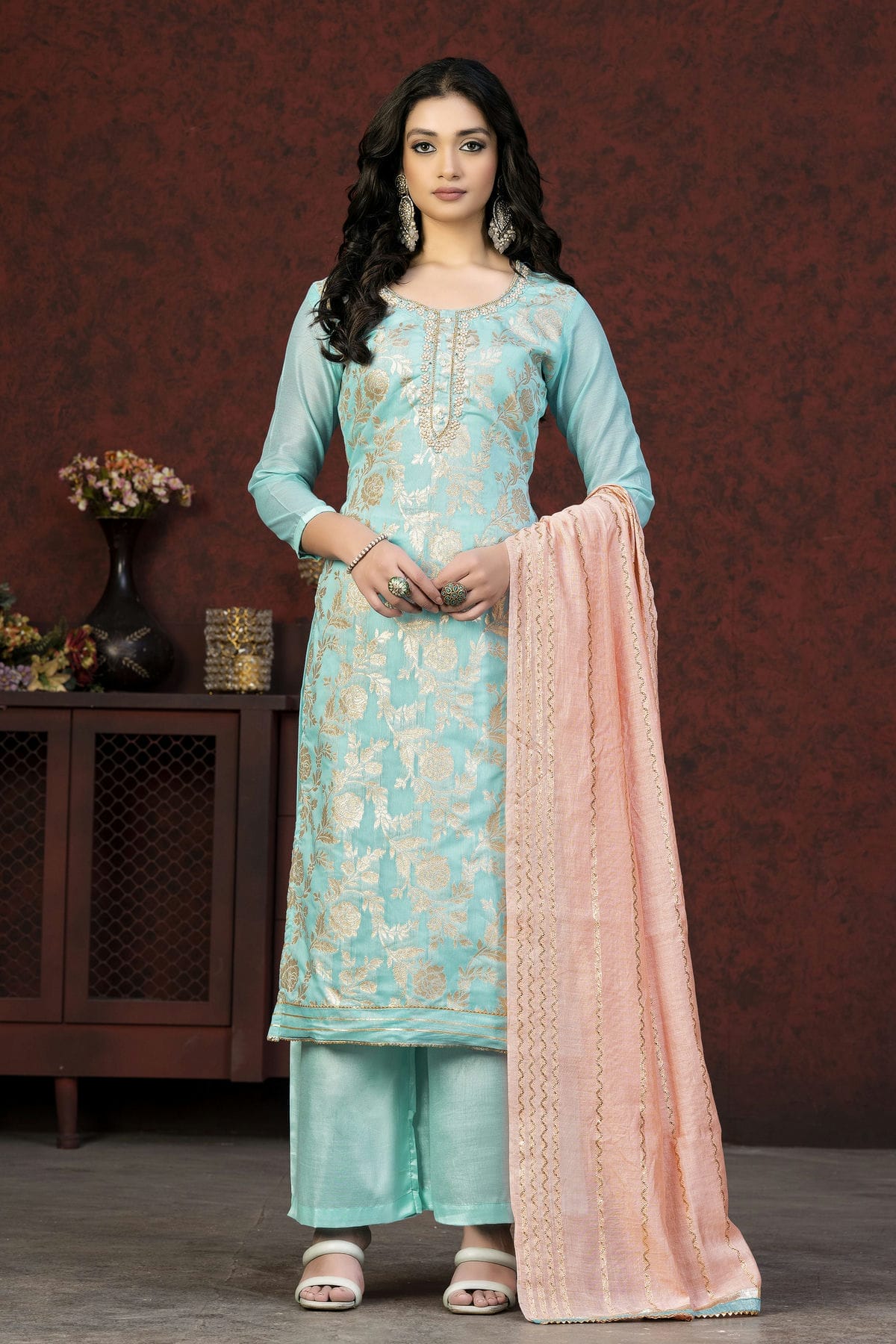 Sky Blue Colour Unstitched Banarasi Jacquard Fabric Straight Suit