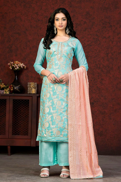 Sky Blue Colour Unstitched Banarasi Jacquard Fabric Straight Suit