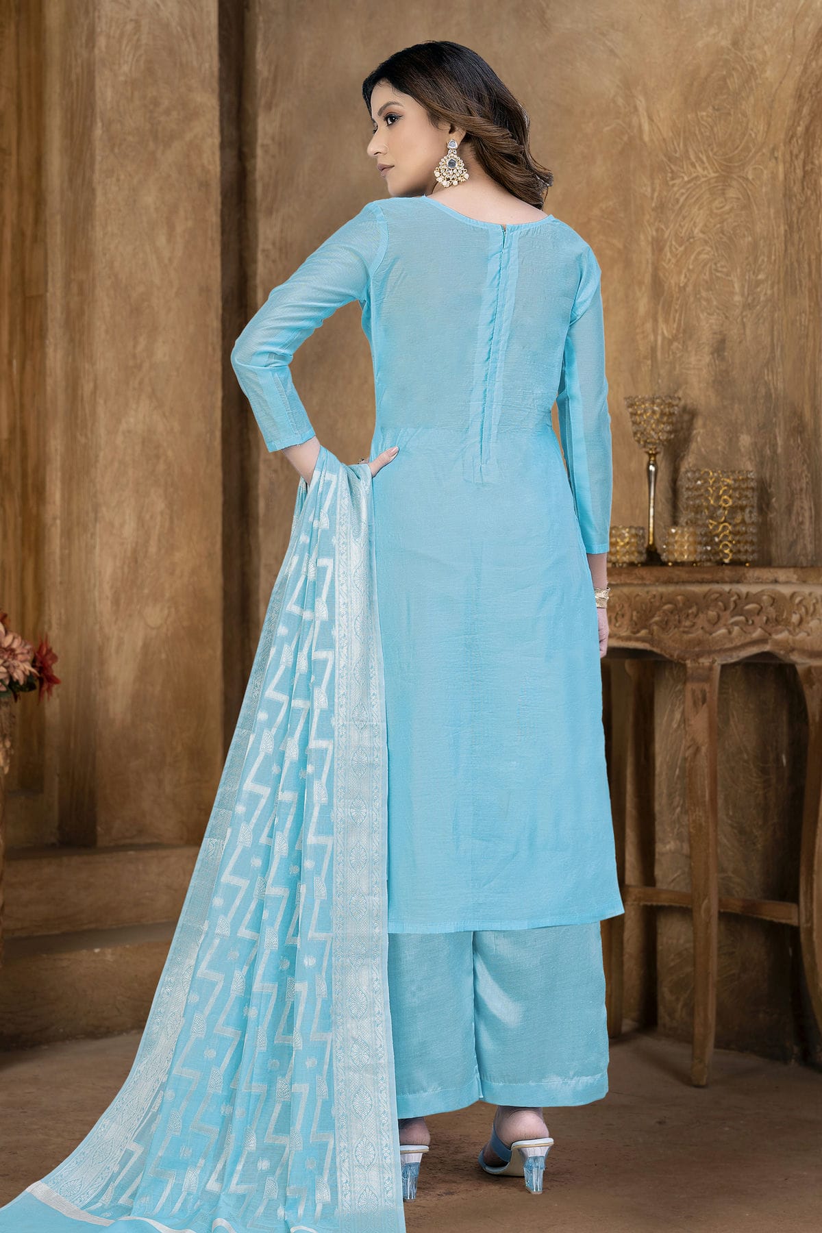 Sky Blue Colour Unstitched Banarasi Jacquard Palazoo Pant Suit