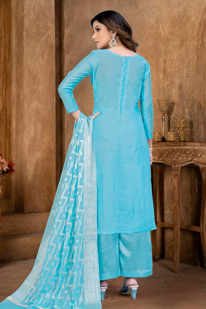 Sky Blue Colour Unstitched Banarasi Jacquard Palazoo Pant Suit