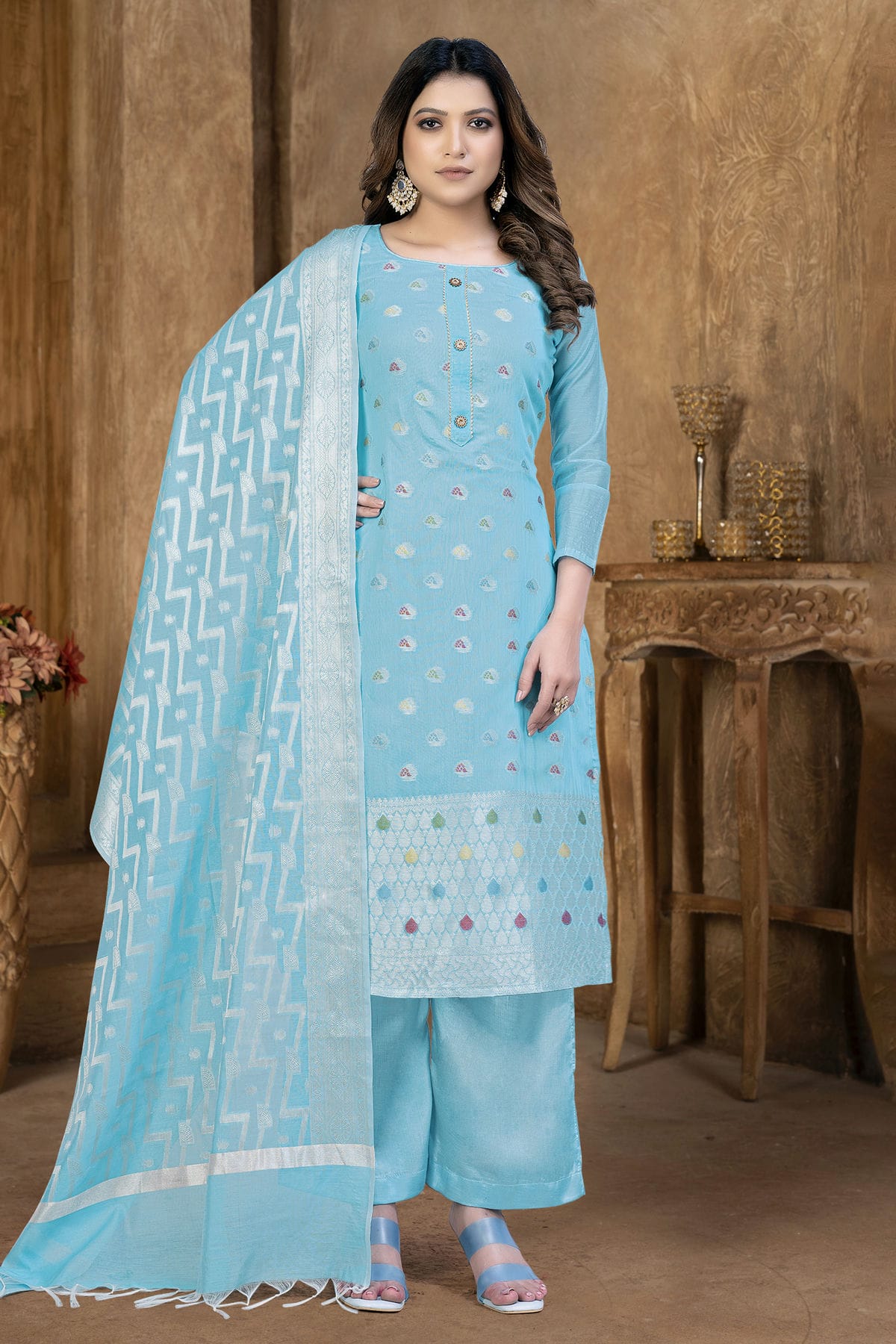 Sky Blue Colour Unstitched Banarasi Jacquard Palazoo Pant Suit