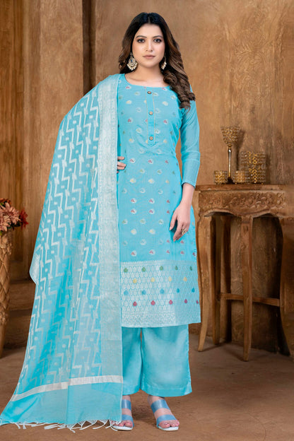 Sky Blue Colour Unstitched Banarasi Jacquard Palazoo Pant Suit